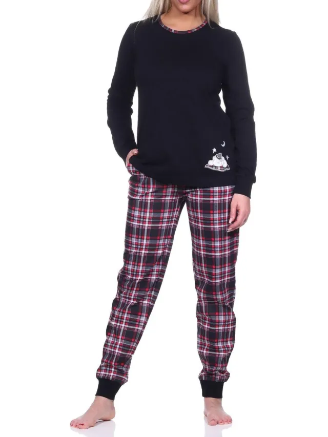 Normann Damespyjama met boorden met geruite broek en schattig dierenmotief - ook in overmaten schwarz