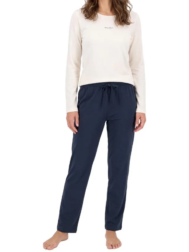 Marc O'Polo Dames pyjama Cotton donkerblauw / crème