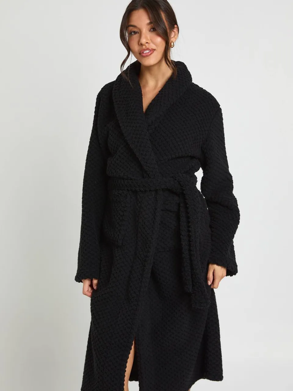 boohoo Dames Lange Wafel Fleece Ochtendjas zwart, foto 2