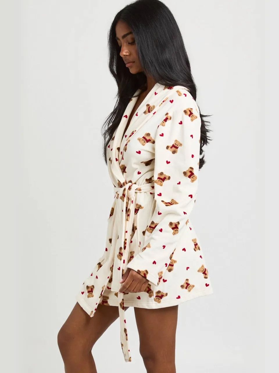 boohoo Dames Fleece Mini Ochtendjas Met Hart & Beer Print wit, foto 3