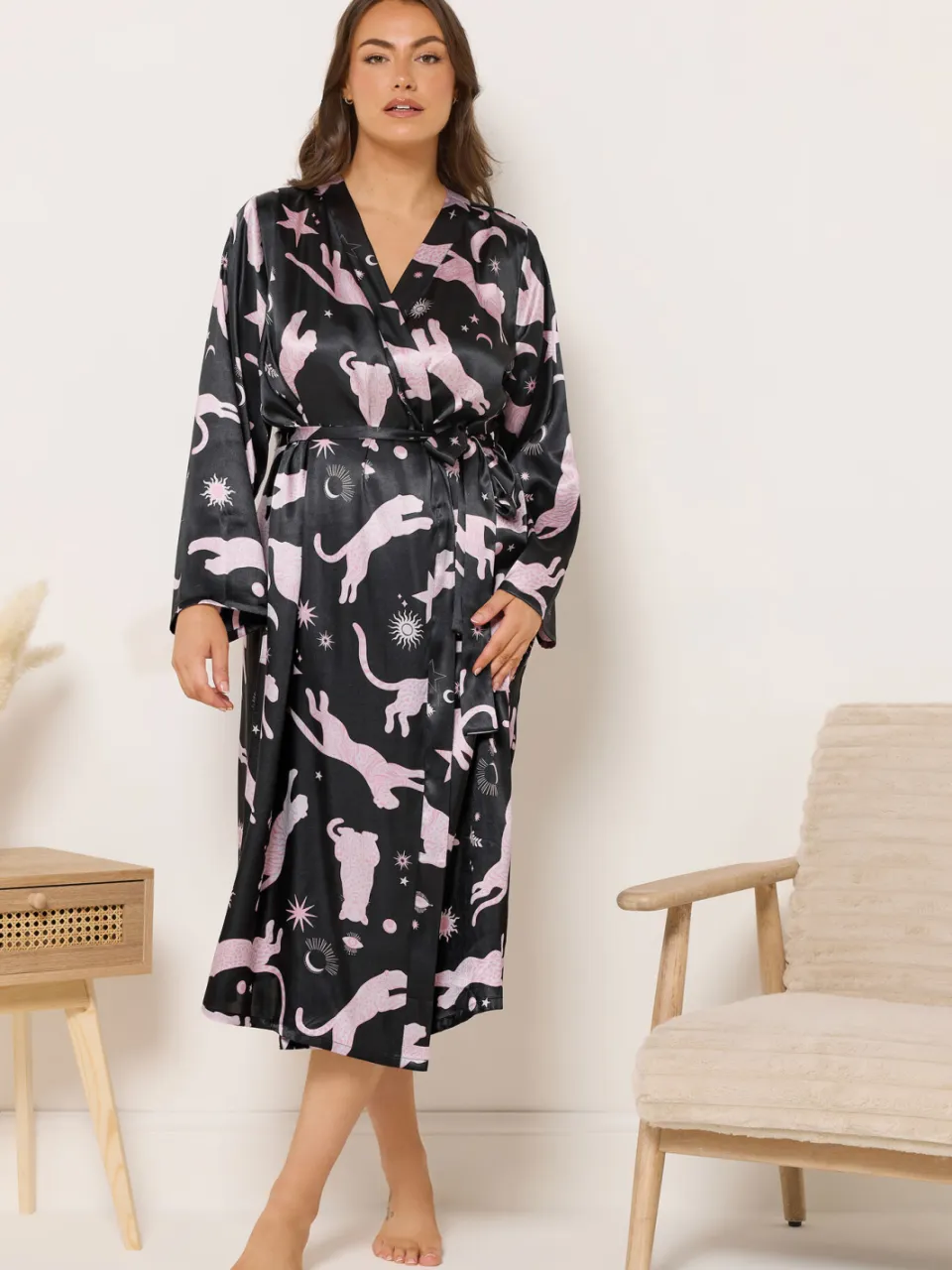 Yours Zwarte Luipaard Satijnen Kamerjas-44 Black