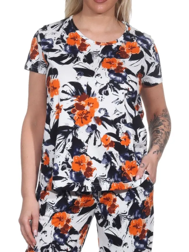 Normann Dames Pyjama Shirt korte Mouw Pyjama Top Mix & Match in Floral Optics orange