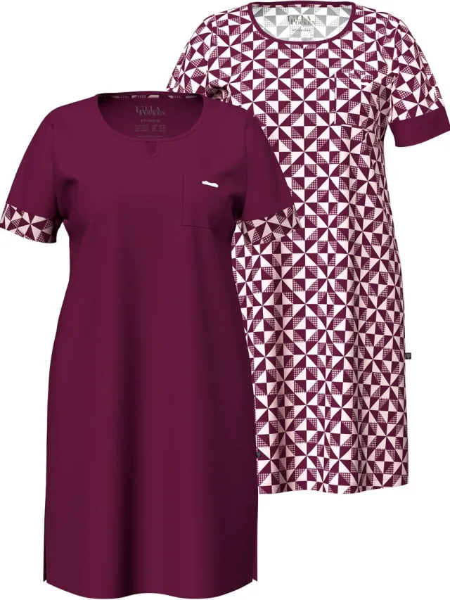 Ulla Popken Dames - Bigshirts set van 2 ruit ronde hals korte mouw - Donker bes - Maat 42+