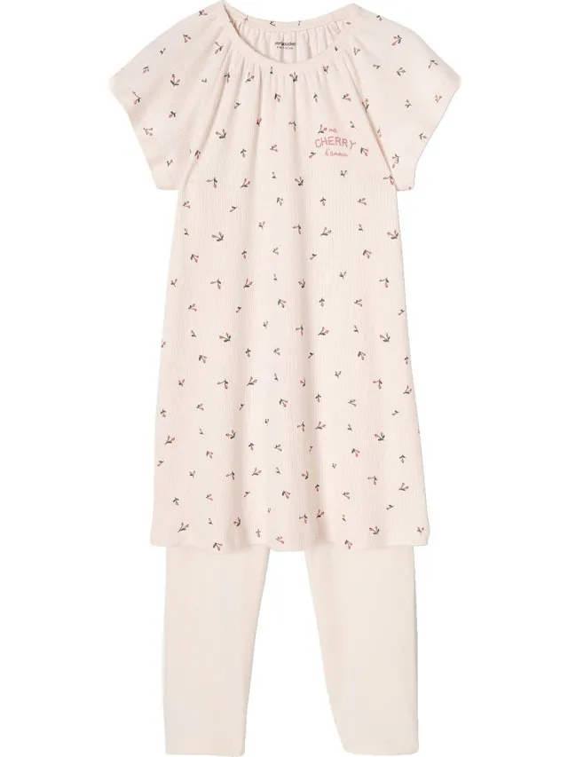 vertbaudet Nachthemd van ribtricot "kersen" + effen meisjeslegging nude