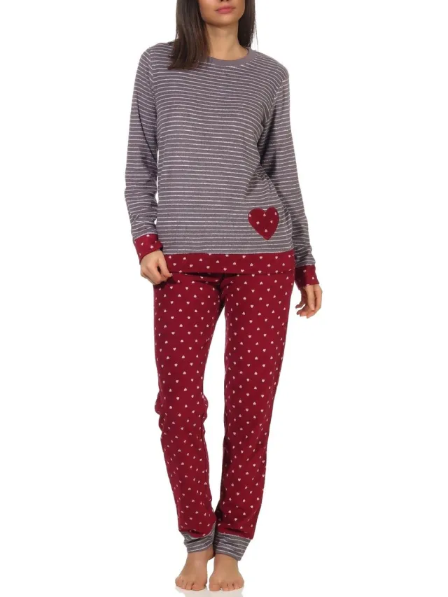 Normann Damesbadstofpyjama met manchetten in hartjesstippen en ringdesign - ook in oversized maten Ringel rot