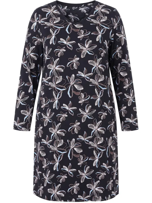 Ulla Popken Dames - Bigshirt bloemen V-hals lange mouwen biologisch katoen - Zwart - Maat 54+
