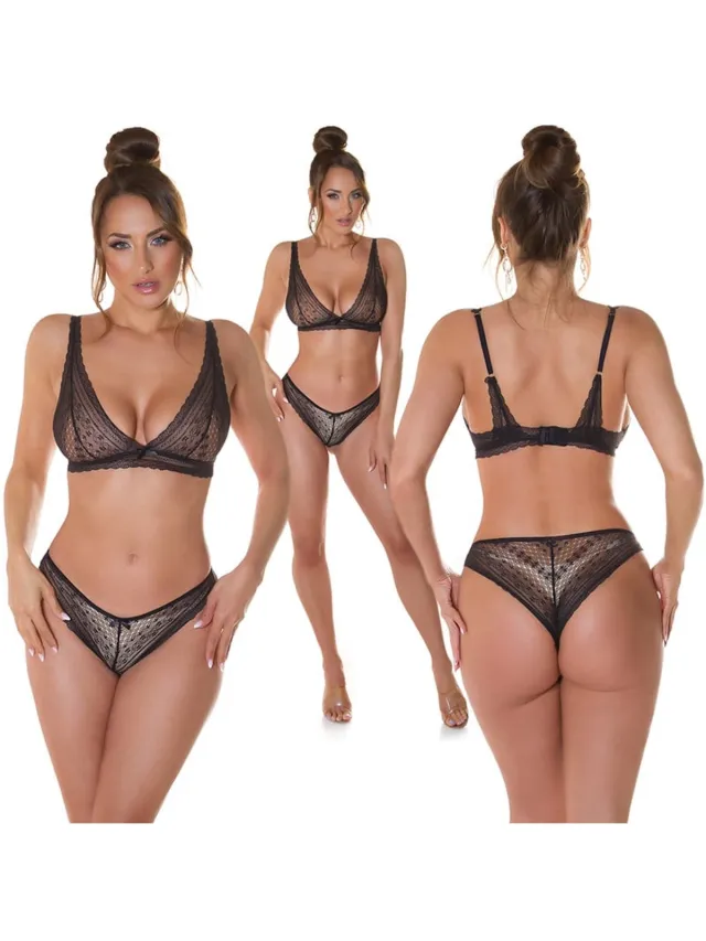 Koucla Dames Lingerie Set 2-Delig - Kanten Beha met String - Sexy Ondergoed Set - Zwart