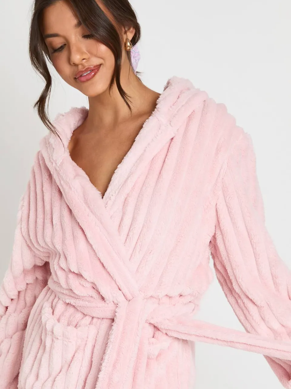 boohoo Dames Geribbelde Fleece Kamerjas Met Capuchon Lang lichtroze, foto 4