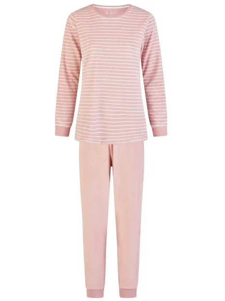 By Louise Dames winter pyjama set lang badstof gestreept Roze
