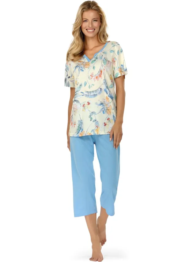 Comtessa Ascafa Capri Pyjama 'Painted Flowers' - Dames Nachtmode - Korte Mouw - Katoen/Modal Blauw