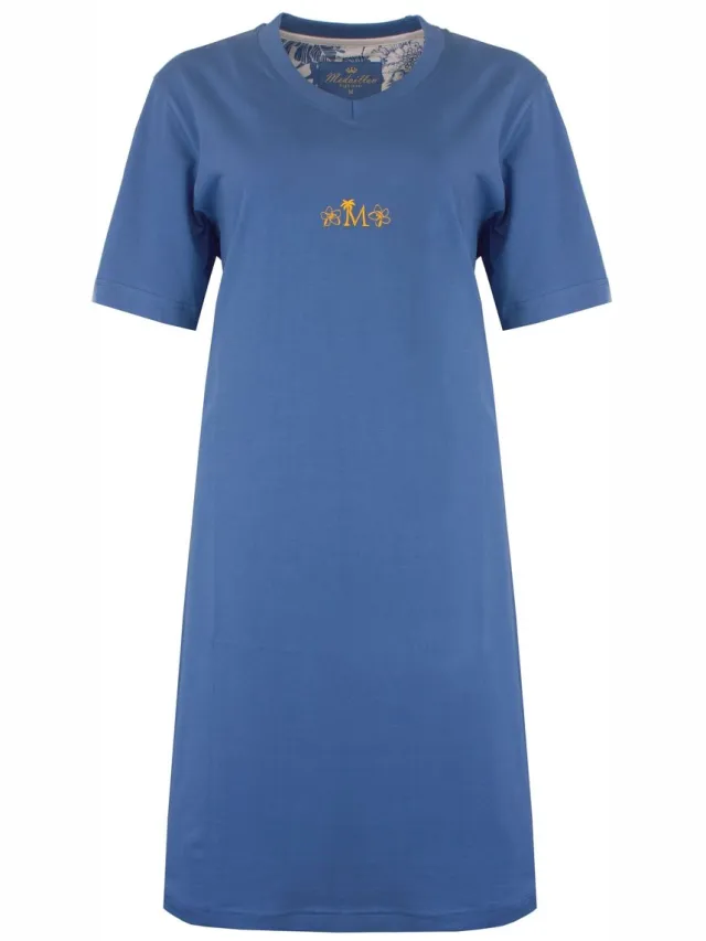 Medaillon Dames Nachthemd - Korte Mouwen - Katoen - Licht Blauw
