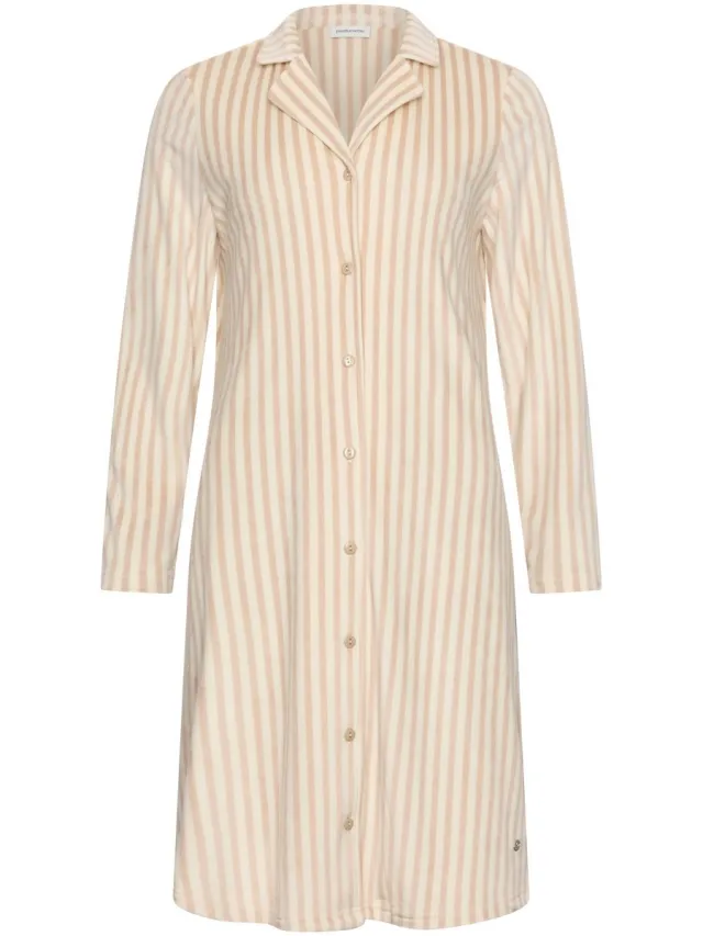 Pastunette Nachthemd - Softness - Doorknoop - Velours Fleece - Beige/Wit - Gestreept