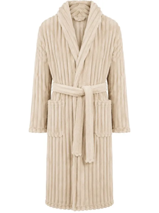 Relax Company Badjas Unisex Geribbelde Teddy Stof - Badjas Dames - Badjas Heren - Sjaalkraag - Fluweelzacht Fleece - Beige - Xl/XXL beige rib