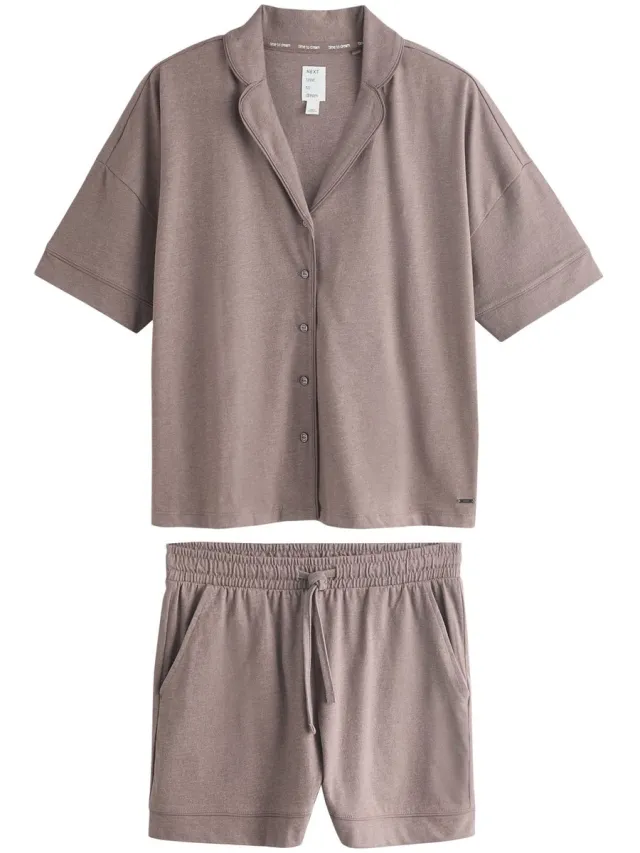 Next Dames - Korte jersey pyjamaset met doorknoopsluiting - Bruin Mocha Brown