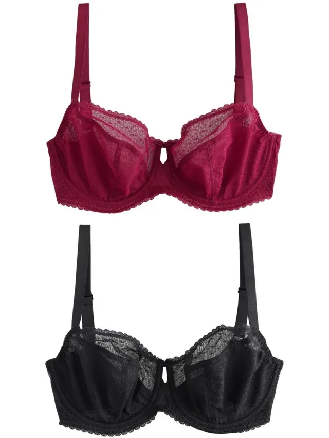 Next Dames - Set van 2 DD+ balkonbeha's met stippen, mesh, zonder vulling - Rood Black/Red