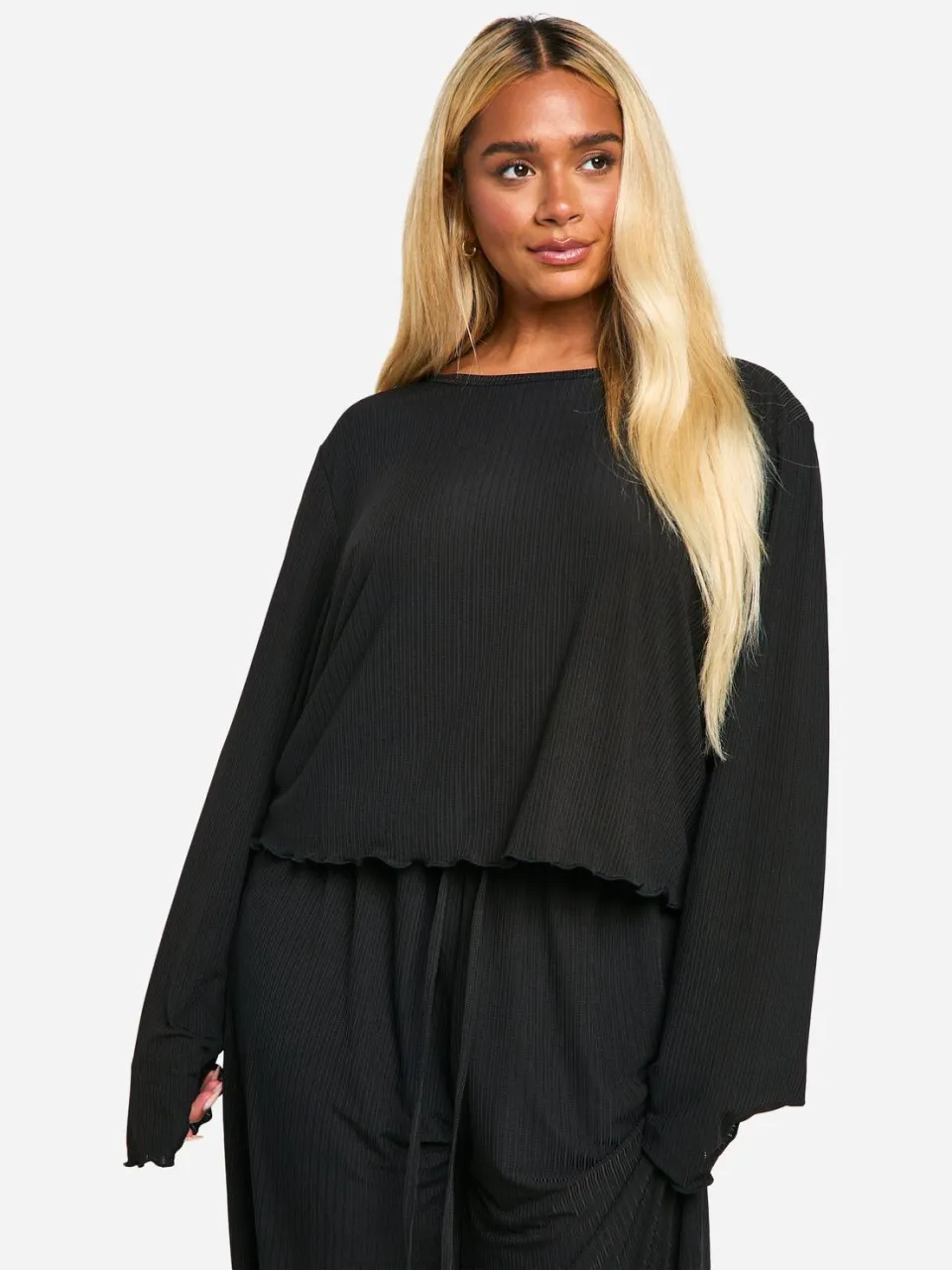boohoo Dames Plus Getextureerde Lettuce Hem Broek Pyjama Set zwart, foto 3