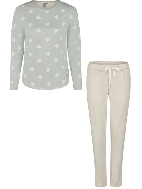 By Louise Dames pyjama set lang katoen mintgroen hartjes/beige gestreept Veelkleurig