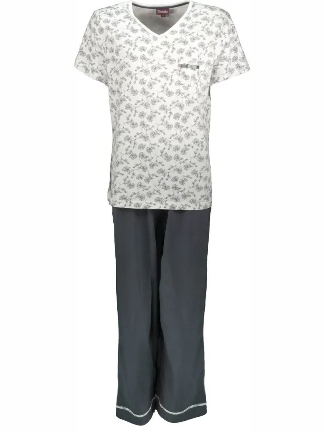 Medaillon Dames Pyjama - Katoen - V Hals - Grijs Wit