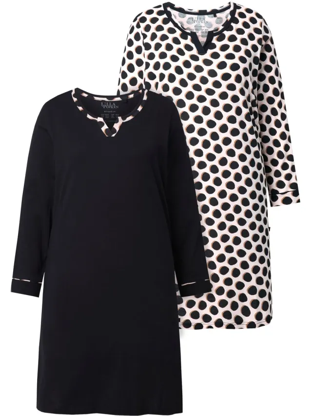 Ulla Popken Dames - Bigshirts set van 2 effen/stippen ronde hals lange mouw - Zwart - Maat 46+