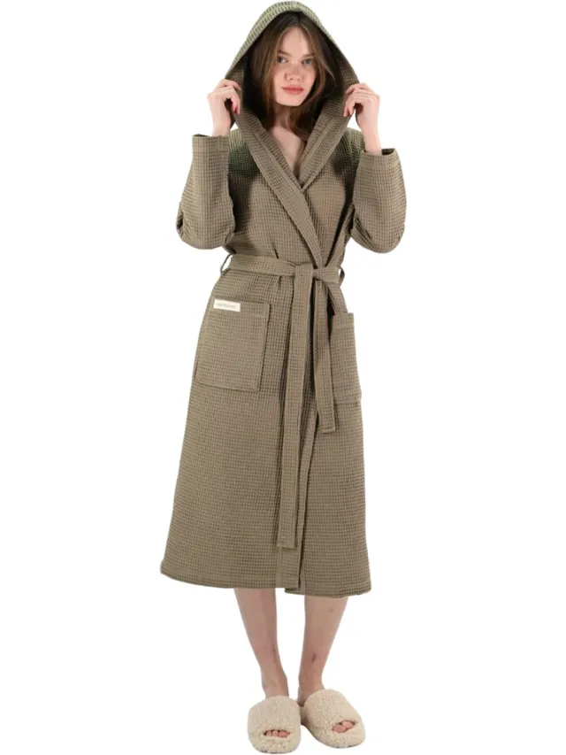 PandaHome L&G - Unisex Sauna Badjas - 100% Katoen Badjas - M - Kaki - Katoen wafel - Wafel Badjas dames - badjas met capuchon unisex - Badjas dames en heren