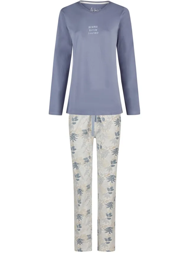 By Louise Dames Pyjama Set Lang V-Hals Donkerblauw Gebloemd