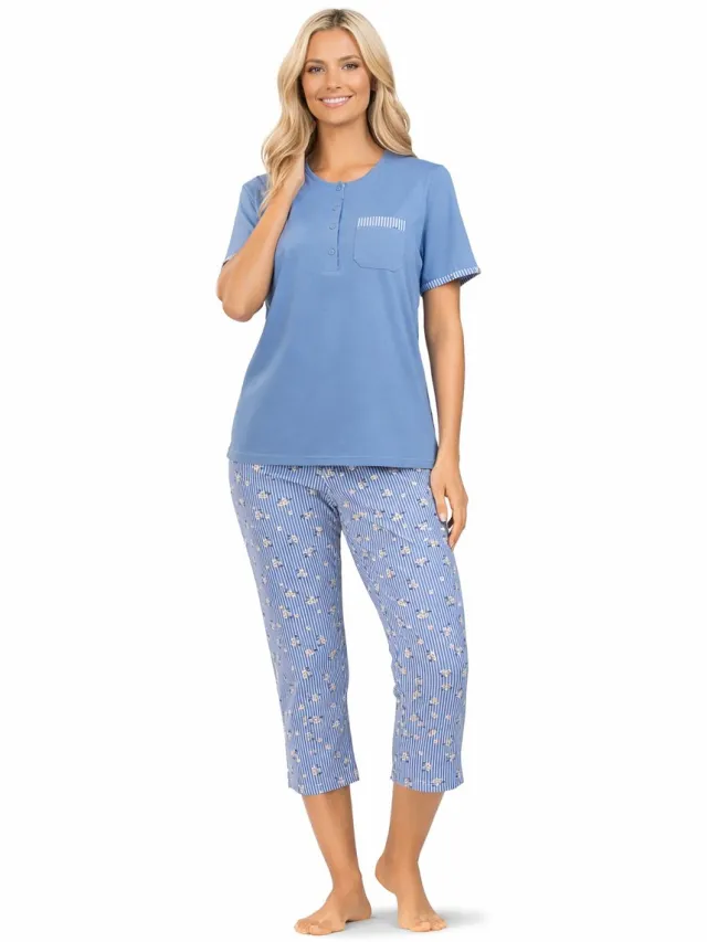 Comtessa Dames Pyjama – Zomer – 7/8 Broek – 100% Katoen – Blauw Blauw, flowers