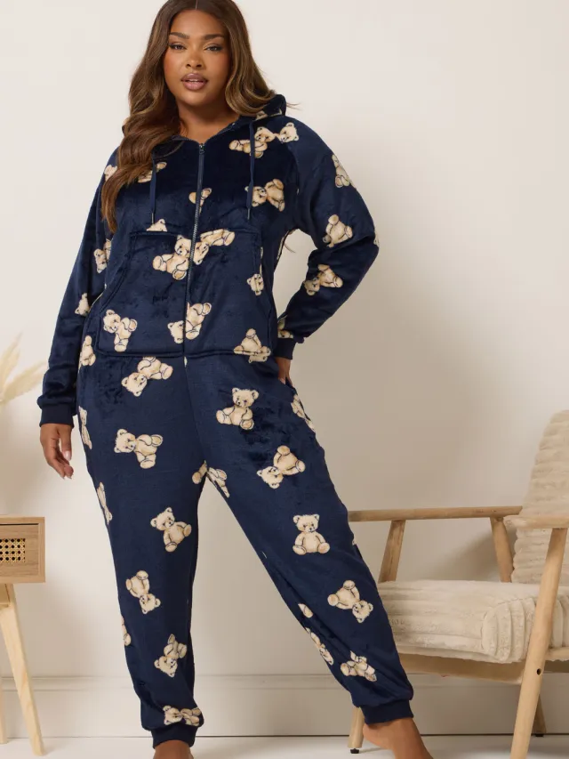 Yours Marineblauwe Teddybeerprint Onesie-56 Blue