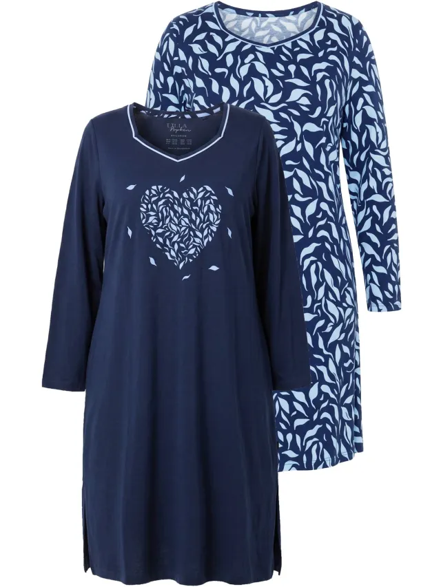 Ulla Popken Dames - Bigshirts set van 2 harten carréhals lange mouwen - Nachtblauw - Maat 50+