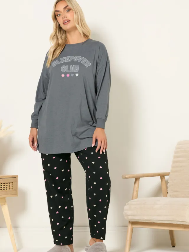 Yours Grey 'Sleepover Club' Pyjamaset Met Wijde Pijpen-52