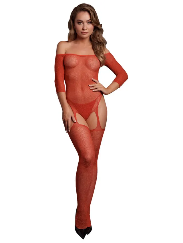 Le Désir by Shots Glanzende Off the Shoulder Bodystocking - One Size - Rood/Goud Glitter