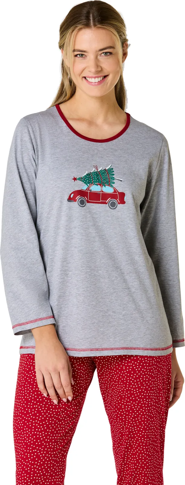 Pyjamashirt grijs gemêleerd/rood