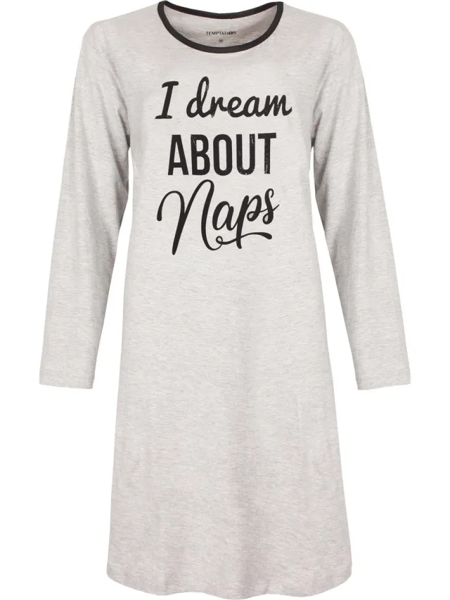 Temptation Dames Nachthemd - Bigshirt - I dream about naps Tekst - Licht Grijs
