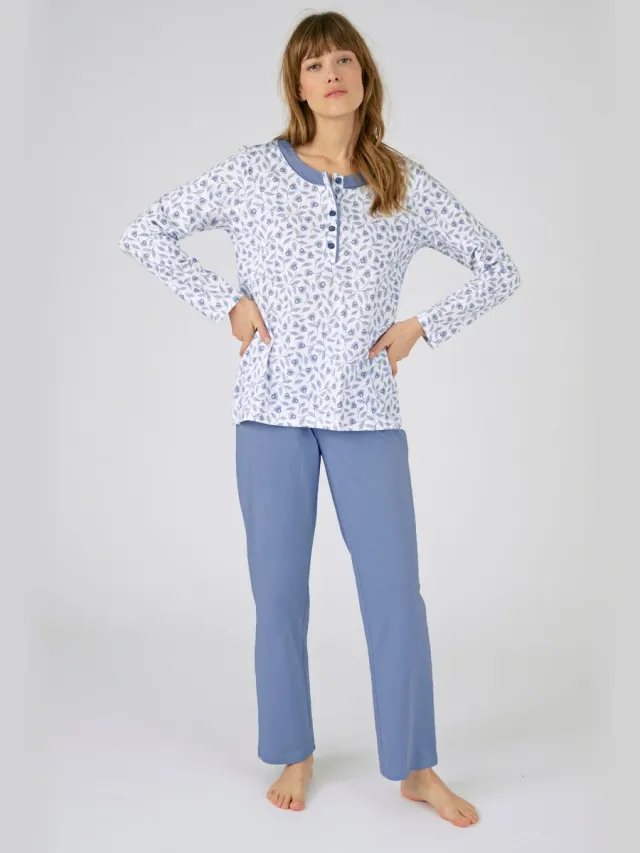 Damart Pyjama van puur gekamd jerseykatoen - Dames - Blauw - 46-48 (L)