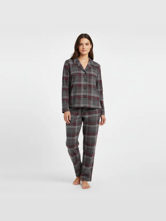 La V Flanel pyjamaset voor dames met geruit patroon Grijs-bordeaux rood Grijs/ bordeaux rood