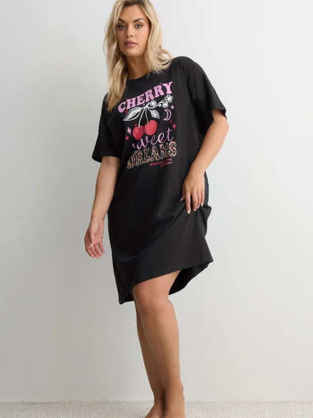 Yours Zwart Luipaardprint 'Cherry Sweet Dreams' Nachthemd-68 Black