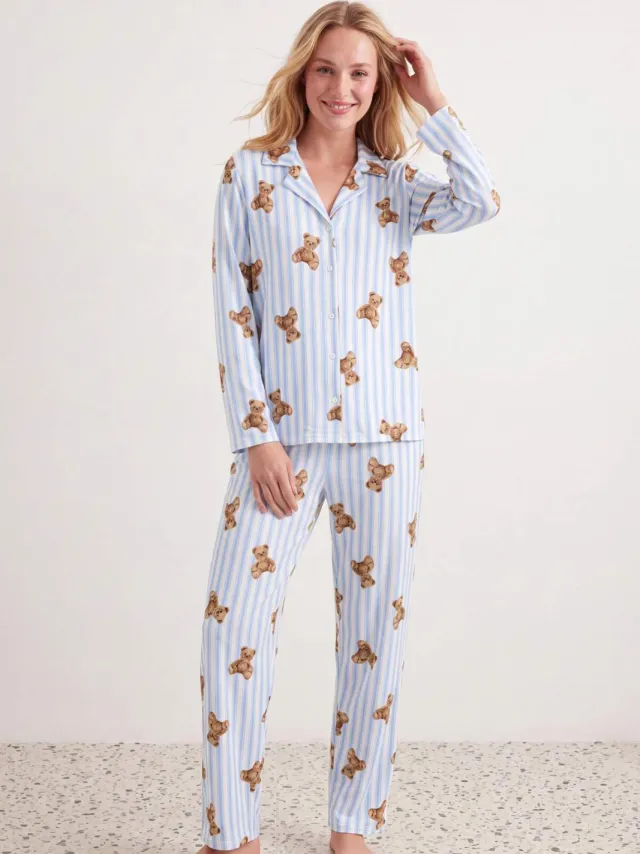Trendyol TRENDYOLMİLLA Dames 2-pack Blauw Met grafische print Lang, Regular fit Pyjama- Sets