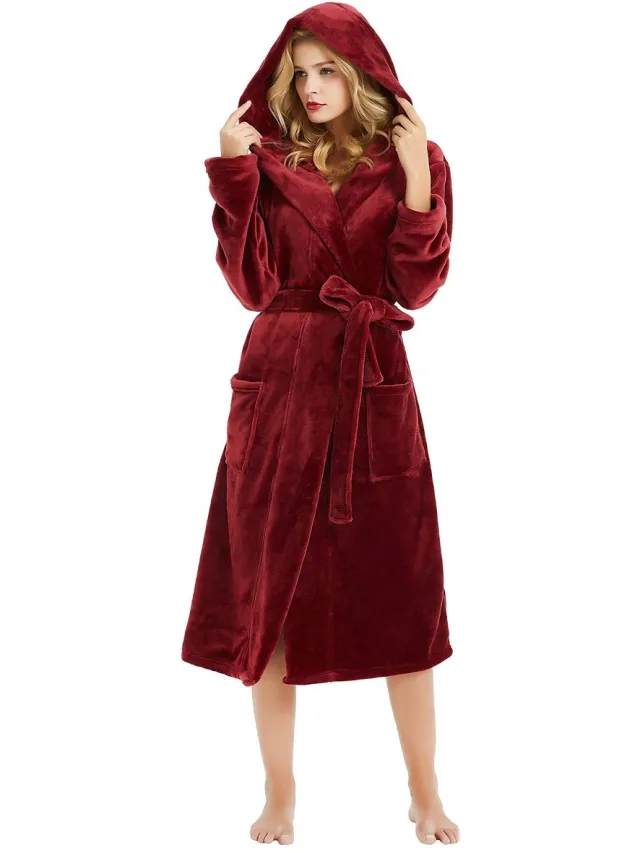 Ibenzoa Dames Luxe Fleece Badjas met Capuchon en Zachte Gebreide Velours rood
