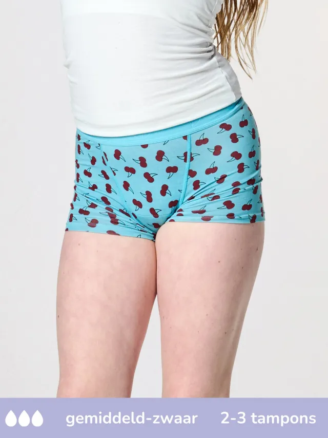 moodies period undies Moodies menstruatie ondergoed gem./zwaar - Bamboe Boyshort - maat 152/158 (XS) Print Kersen
