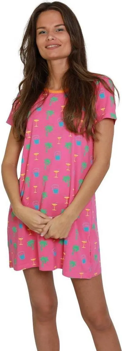 Happy Snooz Happy Pyjama's | Dames nachthemd korte mouw | Summer Evening - Sfeervolle Palmbomen & Cocktail prints | Vrolijk, hip en moderne dames nachthemd | Maat S (S-XL) Roze