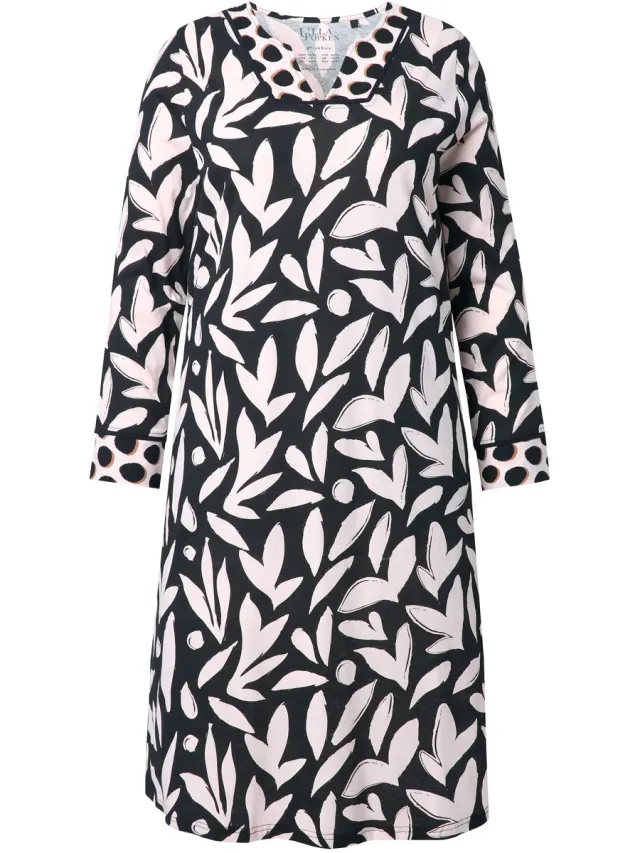 Ulla Popken Dames - Nachthemd bloemprint tuniekhals lange mouw - Zwart - Maat 46+