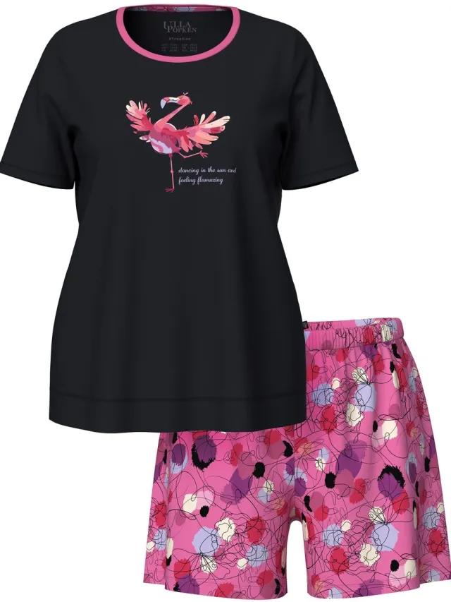 Ulla Popken Dames - Pyjama flamingo ronde hals korte mouwen short - Roze - Maat 46+
