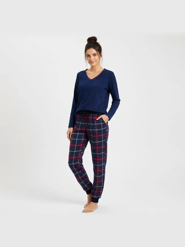 La-V pyjamaset voor dames met geruite flanel broek en V hals met kant contrast Donkerblauw/Rood