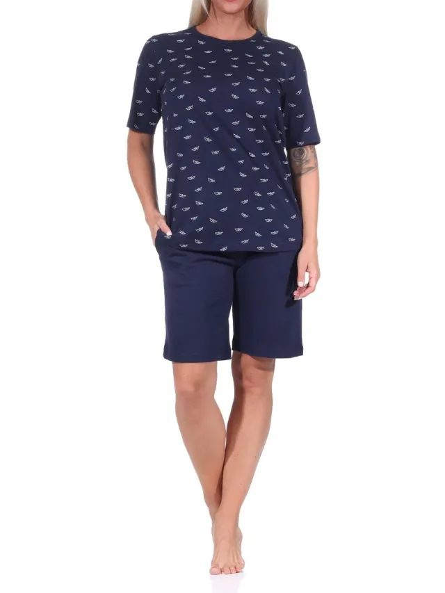 Normann Damespyjama shorty met korte mouwen in maritieme look - ook in oversized marine