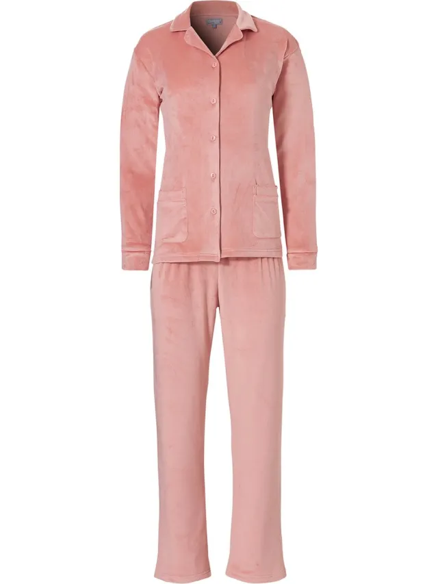 Cocodream Quality Cocodream Dames Pyjama Set Velours Knoopsluiting Roze