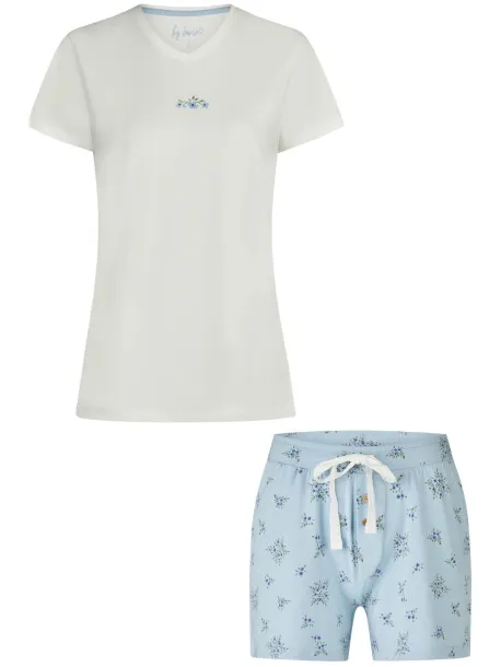 By Louise Dames korte pyjama set shortama wit/lichtblauw gebloemd Veelkleurig