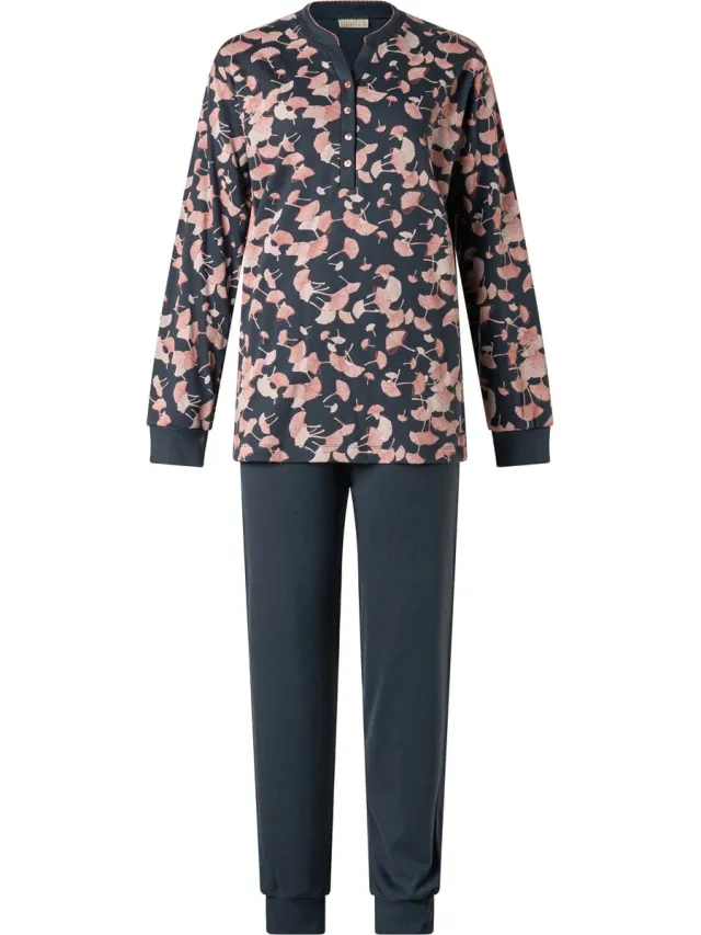 Lunatex extra dikke dames pyjama interlock 124201 - print-top - blauw navy blauw
