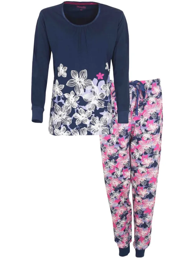 Medaillon Dames Pyjama - Met Boorden - Bloemenprint - Blauw Wit