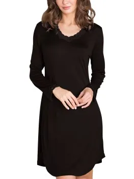 Lady Avenue Silk Jersey Nightgown With Long Sleeve Zwart,Beige,Wit