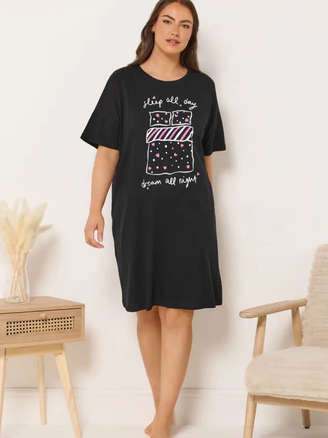 Yours Zwart 'Sleep All Day' Maxi Slaapshirt Nachthemd-48 Black