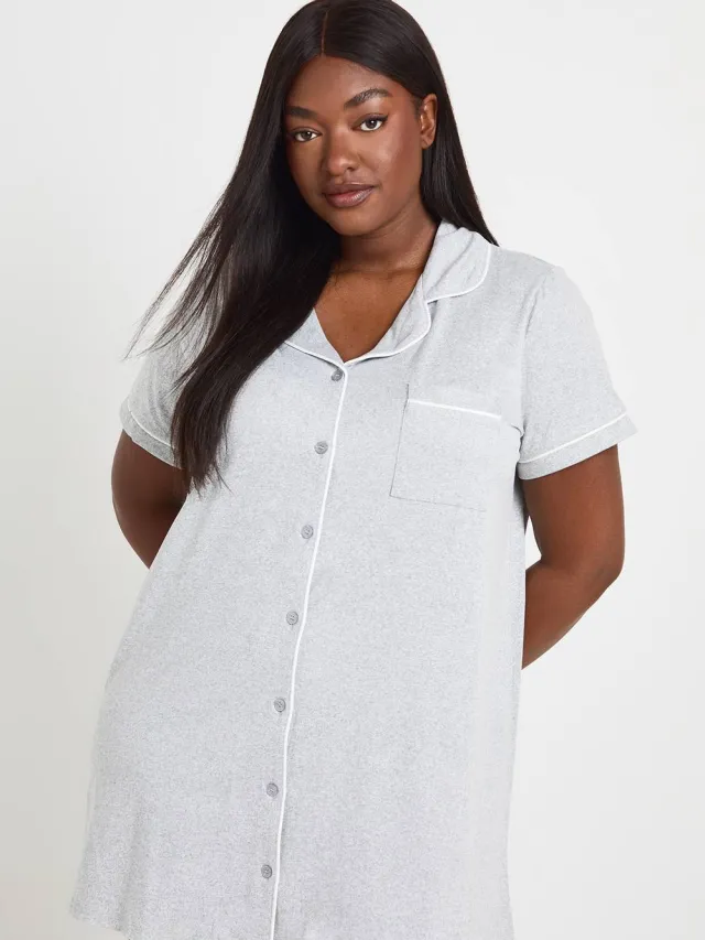 boohoo Dames Nachthemd Met Korte Mouwen En Contrasterende Biesdetails Grijze Mergel